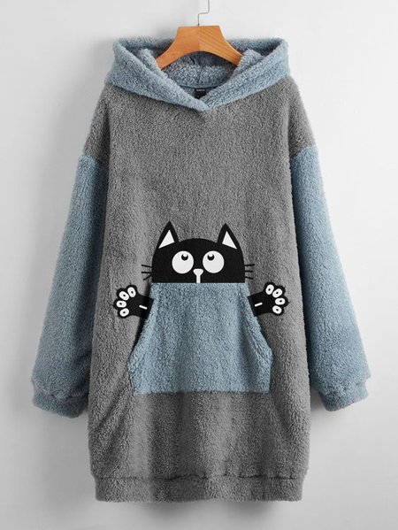 

Hoodie Loose Color Block Cat Casual Dress, Gray, Mini Dresses