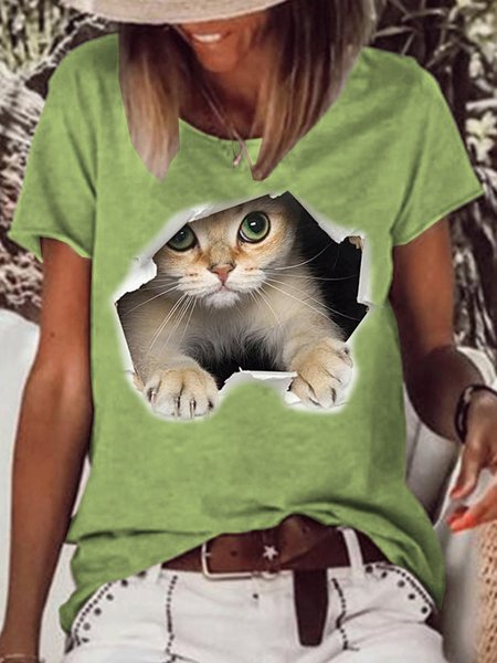 

Women’s 3D Cat Print Crew Neck Casual T-Shirt, Green, T-shirts