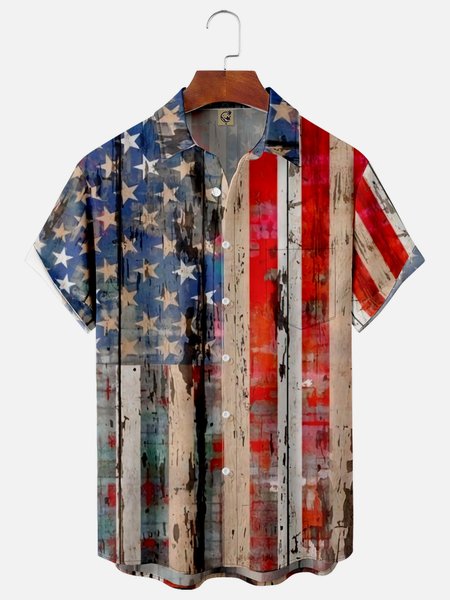 

American Flag Chest Pocket Short Sleeve Shirt, Red, Men Shirts