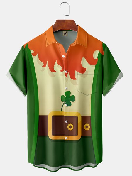 

St. Patrick's Day Chest Pocket Short Sleeve Shirt, Green, Men Shirts