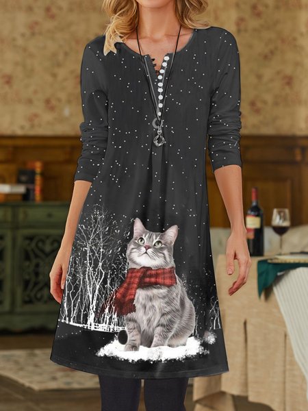 

Funny And Cute Cat Long Sleeve Dress, Black, Mini Dresses