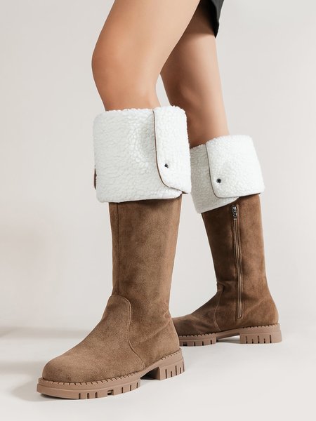 

Foldable Buckle Decor Zip Side Warm Lined Straight Boots, Khaki, Boots