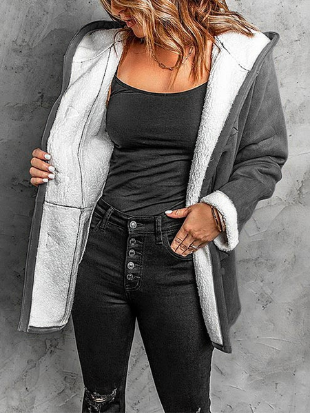 

Fluff/Granular Fleece Fabric Plain Casual Teddy Jacket, Gray, Outerwear