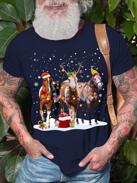

Men's Merry Christmas Horse Funny Graphic Print Crew Neck Cotton T-Shirt, Purplish blue, T-shirts