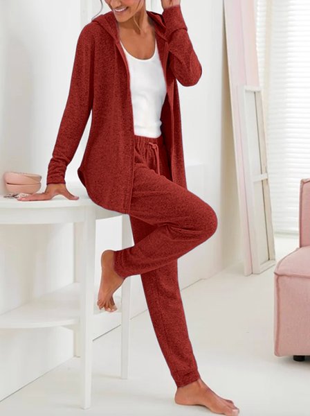 

Women's plain casual loose zipper hooded lightweight Two Piece Sets, Red, Suit Set