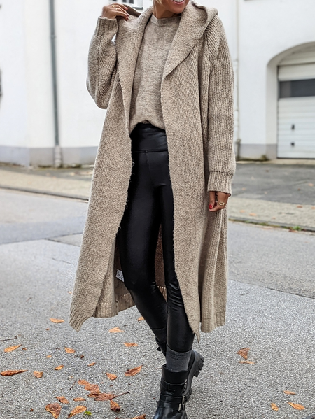 Plain Wool/Knitting Loose Casual Hoodie Sweater Coat, Light khaki, Cardigans