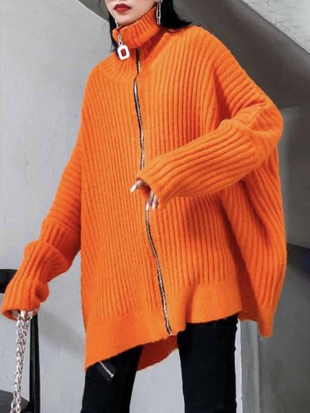 

Daily Long sleeve Turtleneck Plain Sweater Coat, Orange, Cardigans