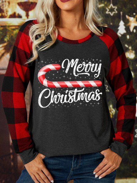 

Lilicloth X Abu Merry Christmas Women's Long Sleeve Buffalo Plaid T-Shirt, Gray, Long sleeves