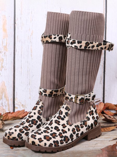 

Plus Size Vintage Knit Paneled Brush Off Slip On Sock Boots, Leopard, Boots