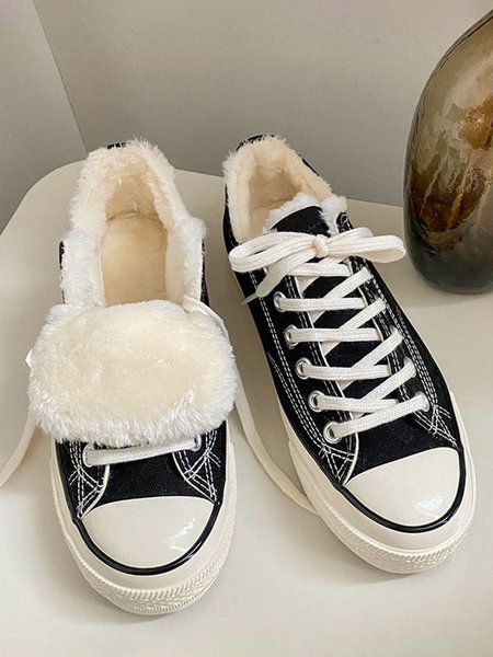 

Plus Size Furry Lined Lace-Up Canvas Sneakers, Black, Sneakers