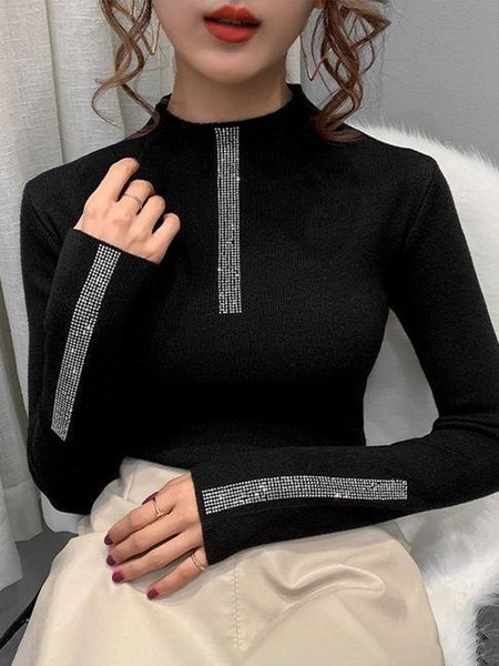 

Long sleeve Plain Elegant Tight Sweater, Black, Pullovers