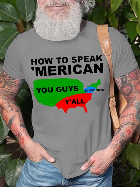 

Men's How To Speak Meerican Funny Graphic Print Cotton Crew Neck Text Letters T-Shirt, Light gray, T-shirts