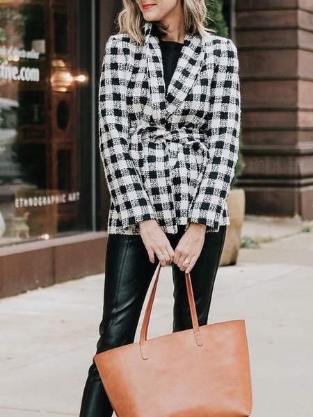 

Fashion Plaid V Neck Jacket, Black, Jackets