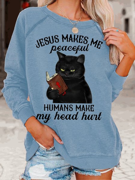 

Women Jesus Makes Me Peaceful Casual Letters Sweatshirt, Light blue, Hoodies&Sweatshirts