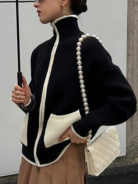 

Simple Turtleneck Long sleeve Sweater Coat, Black-white, Cardigans