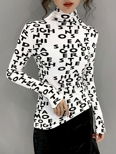 

Long sleeve Tight Text Letters Turtleneck T-Shirt, White, Tees