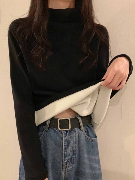 

Daily Long sleeve Simple Half Turtleneck Plain T-Shirt, Black, Tees