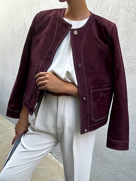 

Loose Color Block Pockets Crew Neck Jacket, Wine red, Jackets