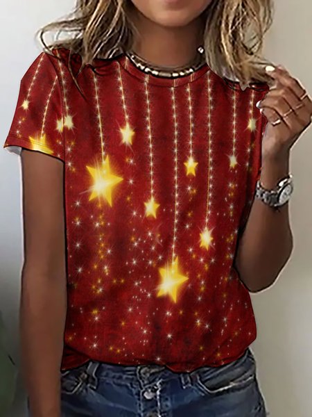 

Womens Christmas Star Light Print Crew Neck T-Shirt, As picture, T-shirts