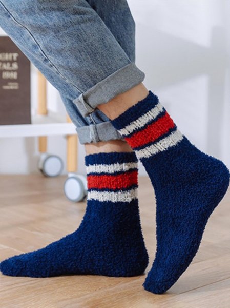 Casual Home Daily Striped Pattern Thickened Flannel Socks Autumn Winter Thickened Accessories, Navy blue, Men Socks