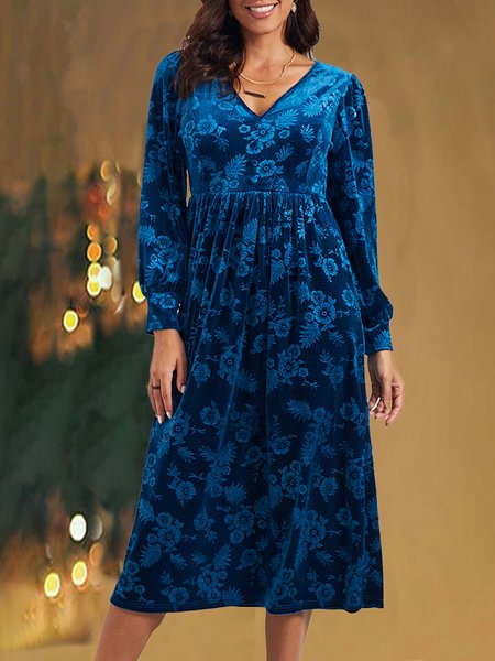 

Velvet V Neck Floral Dress, Blue, Clothing