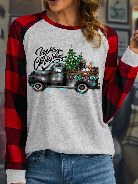 

Women's Christmas Tree Car Bleach Funny Buffalo Plaid Graphic Print Merry Christmas Loose Crew Neck Top, White, Long sleeves