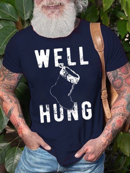 

Men's Well Hung Christmas Stocking Funny Graphic Print Cotton Text Letters Casual T-Shirt, Purplish blue, T-shirts