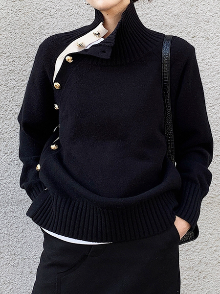 

High Elasticity Loose Stand Collar Long sleeve Sweater, Black, Pullovers