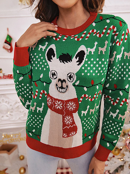 

Christmas Crew Neck Yarn/Wool Yarn Sweater, Green, Sweaters