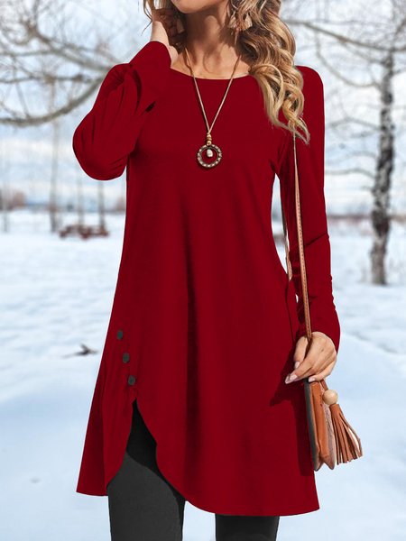 

Loose Crew Neck Buttoned Long Sleeve Tunic, Red, Tunics