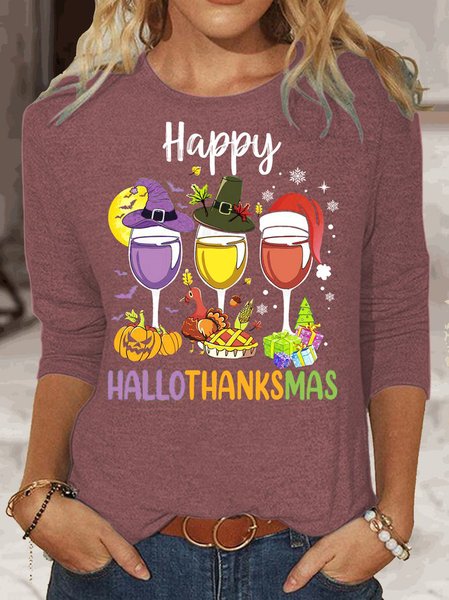 

Womens Happy Hallothankmas Holiday Crew Neck Casual Top, Rose red, Long sleeves