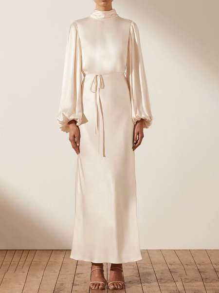 

Elegant Satin Half Turtleneck Dress & Party Dress, Cream, Maxi Dresses