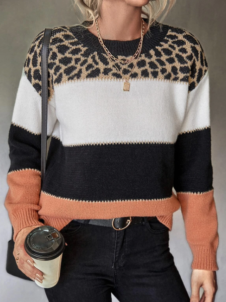 

Leopard Pattern Colorblock Sweater, Multicolor, Sweaters