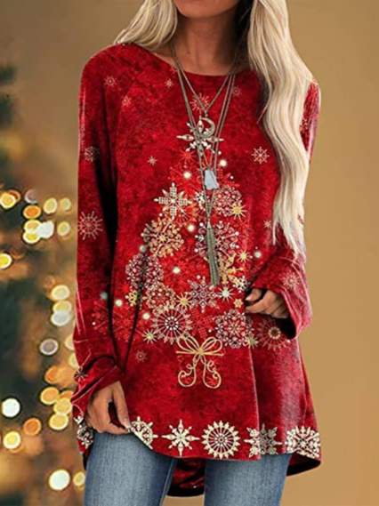 

Christmas Regular Fit Casual TUNIC T-Shirt, Red, Tunics