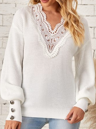 

Yarn/Wool Yarn Casual V Neck Sweater, White, Sweaters & Cardigans