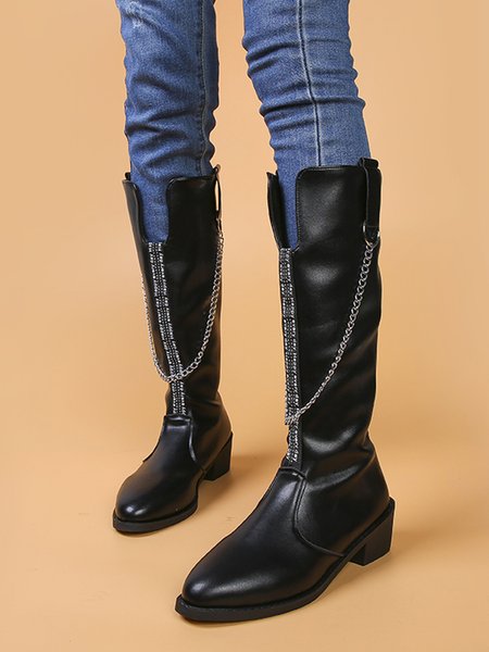 

Black Faux Leather Chain-Panel Chunky Heel Boots, Boots