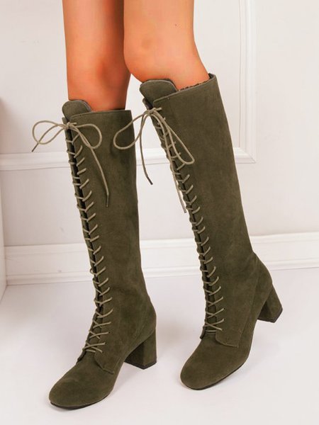 Faux Leather Block Heel Knee Boots, Army green, Boots