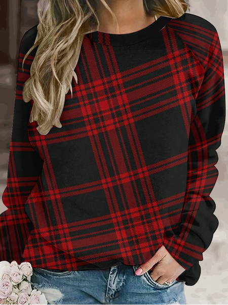 

Women's Cotton Crew Neck Casual Plaid Sweatshirt, Red, Hoodies&Sweatshirts