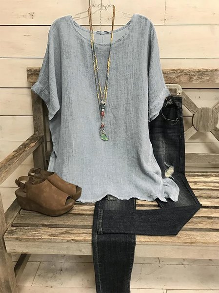 

JFN Round Neck Solid Casual Blouse, Gray, T-Shirts