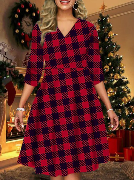 

Christmas V Neck Urban Plaid Regular Fit Dress, Red, Dresses
