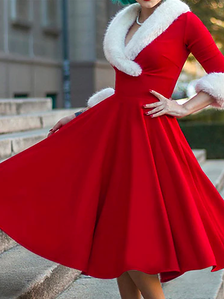 

Loose V Neck Plain Christmas Dress, Red, Dresses