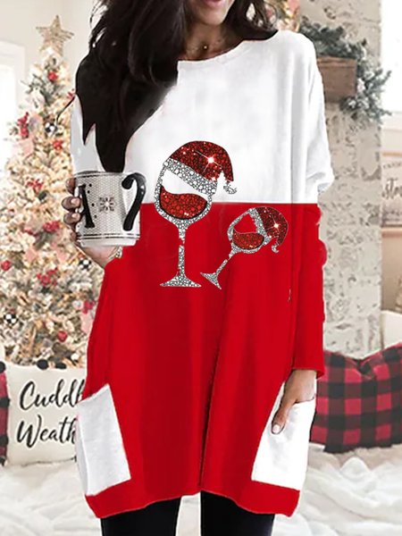 

Crew Neck Christmas Loose Color Block Dress, Red, Mini Dresses