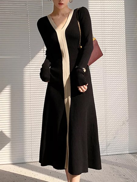 Color Block Urban Regular Fit Long Sleeve Midi Dress, Black-white, Midi Dresses
