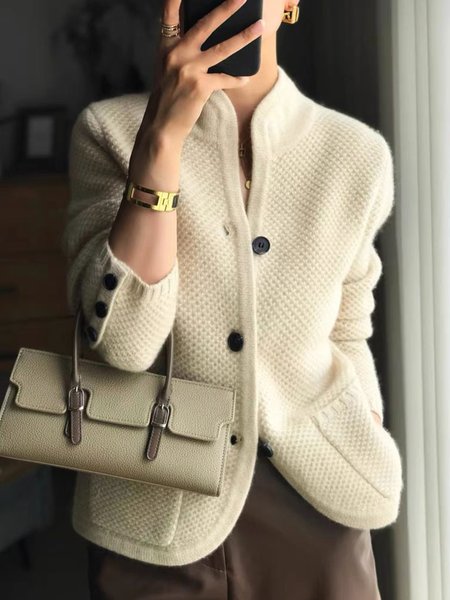 

Plain Stand Collar Buttoned Sweater Coat, Off white, Cardigans