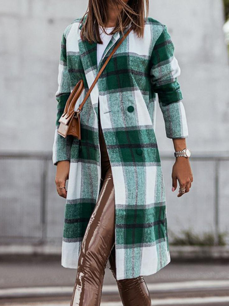 

Long sleeve Urban Lapel Collar Plaid Loose Overcoat, Green, Coats
