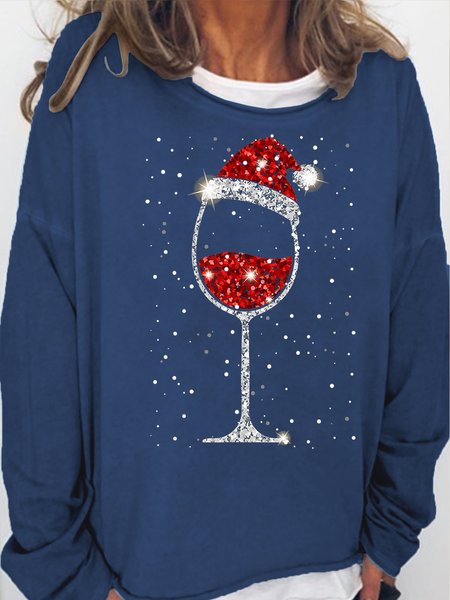

Women‘s Christmas Wine Print Crew Neck Casual Sweatshirt, Dark blue, Hoodies&Sweatshirts