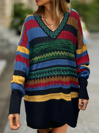 

Boho Stripe V Neck Dress, Multicolor, Dresses