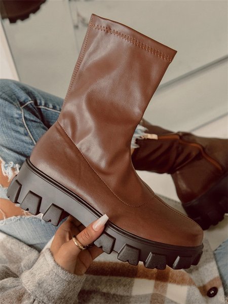 

Y2k High-stretch Leather Platform Boots, Brown, Boots