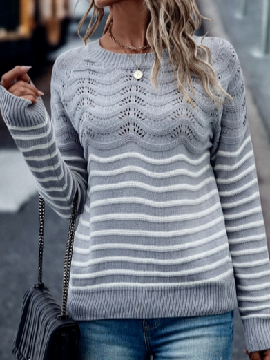 

Pointelle Knit Striped Raglan Sleeve Sweater, Gray, Sweaters & Cardigans