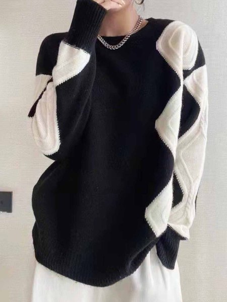 

Daily Long sleeve Loose Simple Color Block Sweater, Black, Pullovers